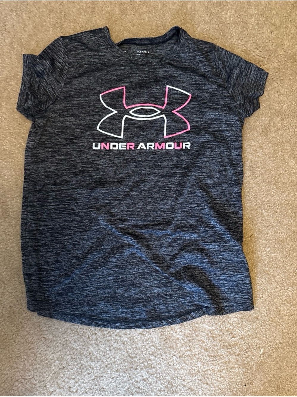 Under Armour Girls' Charcoal Heather Performance Tee with Pink Logo